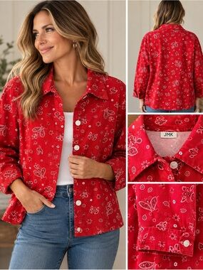 JMK Red Bandana Paisley Button Front Shirt Jacket 100% Cotton Western